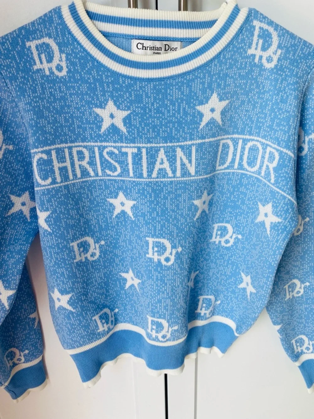 Christian Dior Star Intarsia Knit Sweater womens light blue logo medium - Picture 2 of 9